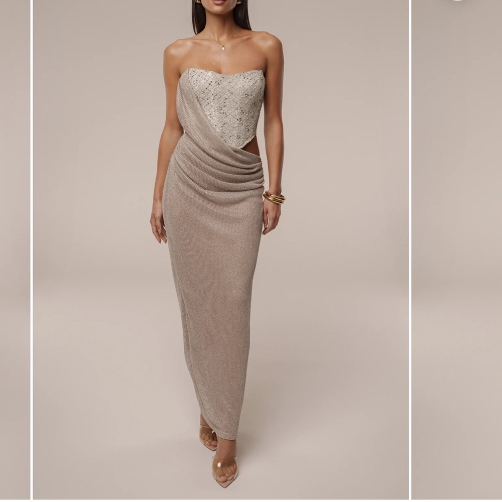 NEW with tags strapless Taupe-Beige Evening Gown with Draped Cutout Skirt JLUXE - Picture 4 of 4